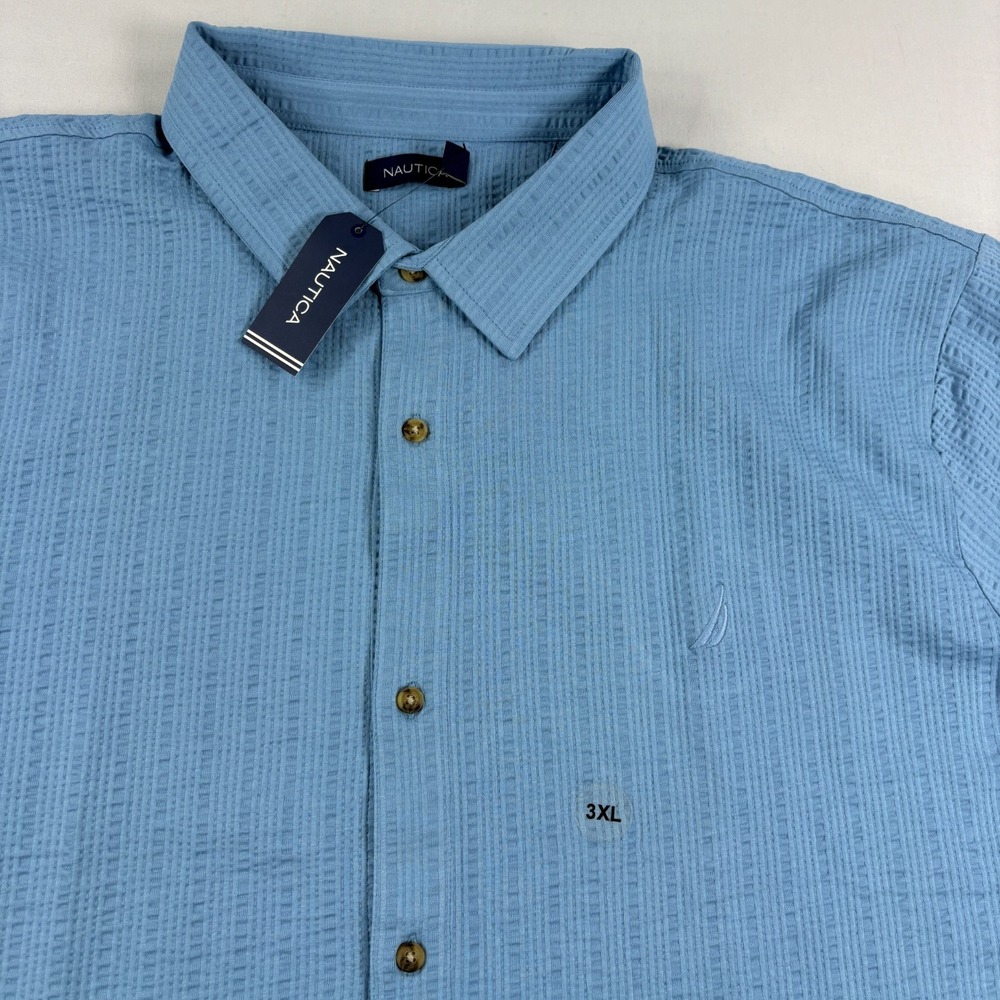 Nautica Shirt Mens 3XL Blue Seersucker Button Up Stretch Casual Camp NEW - Picture 2 of 9